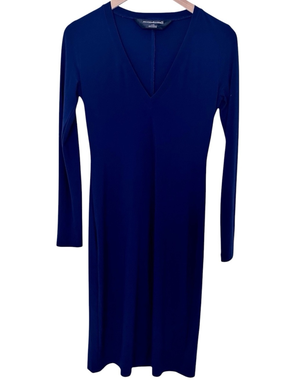 Norma Kamali Blue V Neck Long Sleeve Shift Dress sz Small
